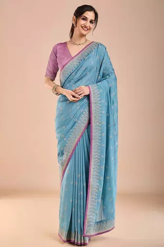 Blue ethnic motifs beads and stones saree