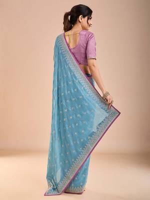 Blue ethnic motifs beads and stones saree 3