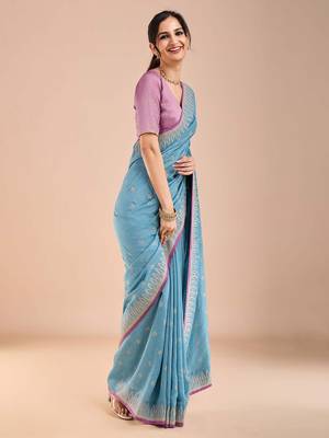 Blue ethnic motifs beads and stones saree 4