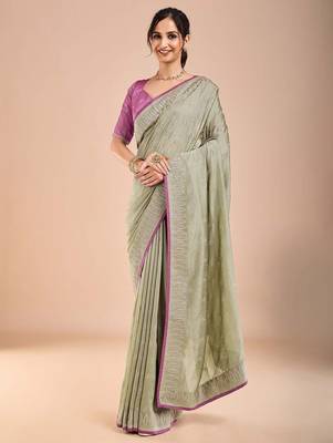 Sea green floral embroidered beads and stones saree 1