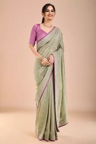Sea green floral embroidered beads and stones saree