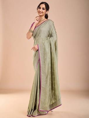 Sea green floral embroidered beads and stones saree 3