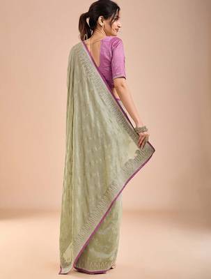 Sea green floral embroidered beads and stones saree 4