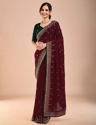 Maroon women floral beads and stones  embroidered saree 1