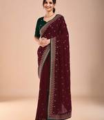 Maroon women floral beads and stones  embroidered saree