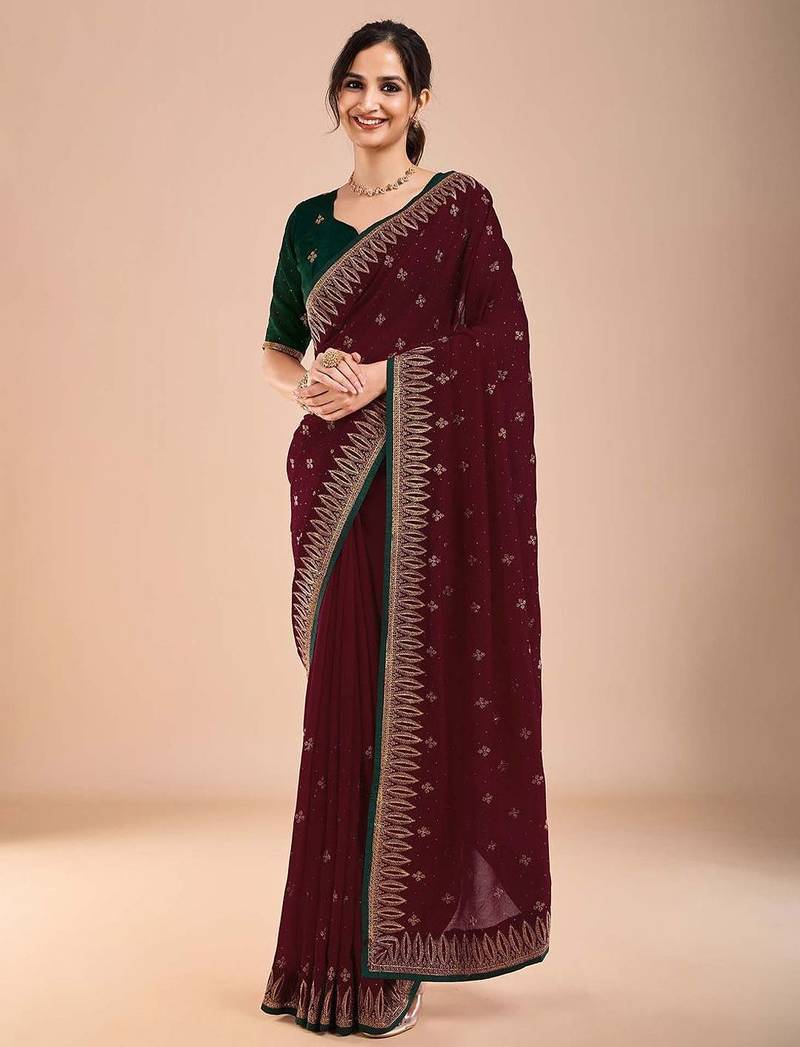 Maroon women floral beads and stones  embroidered saree