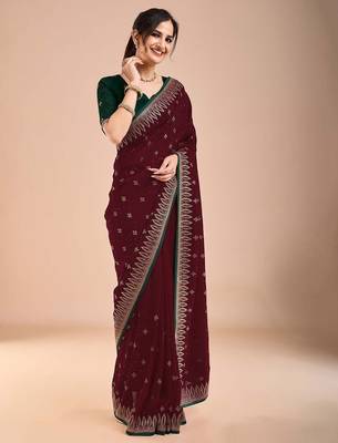 Maroon women floral beads and stones  embroidered saree 2