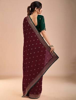 Maroon women floral beads and stones  embroidered saree 3