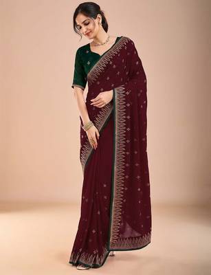 Maroon women floral beads and stones  embroidered saree 4
