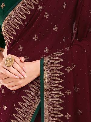 Maroon women floral beads and stones  embroidered saree 5