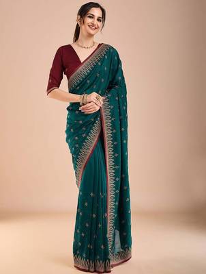 Teal ethnic motifs embroidered beads and stones saree 4