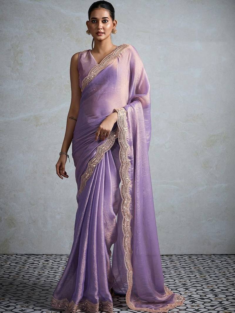Lavender women sequinned  chiffon saree