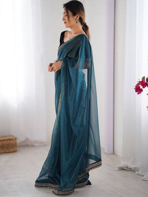 Teal embroidered embellished saree 2