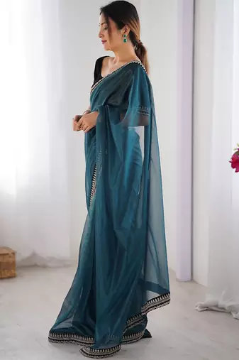 Teal embroidered embellished saree