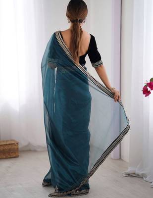 Teal embroidered embellished saree 3