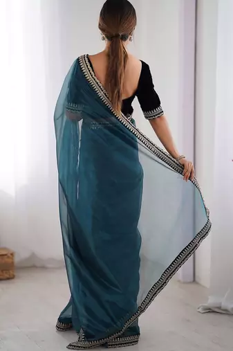 Teal embroidered embellished saree