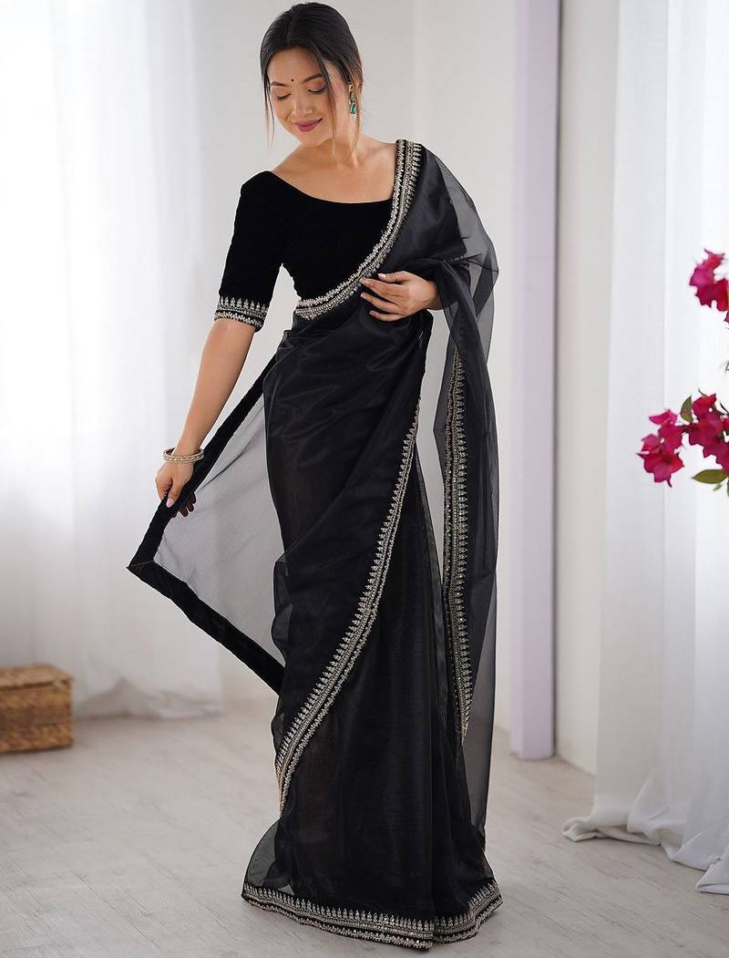Black embroidered net saree