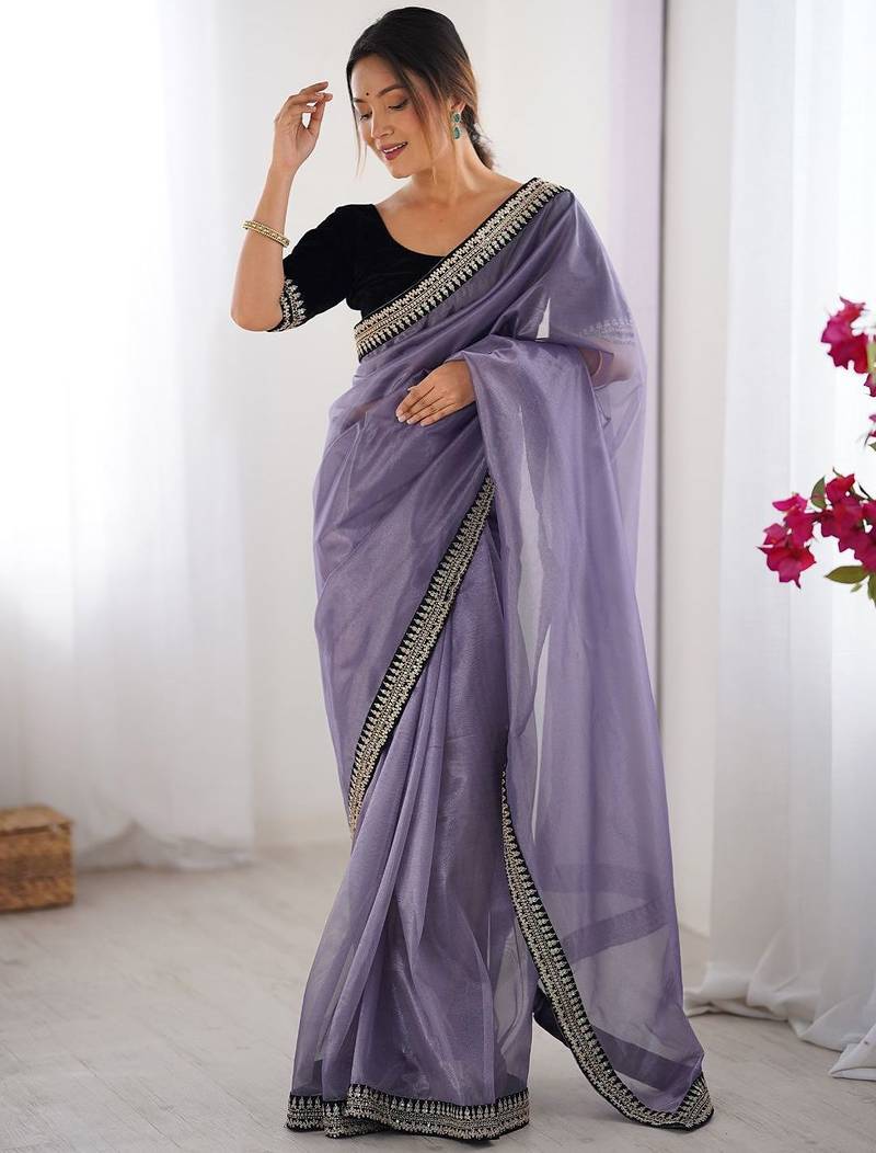 Lavender embroidered embellished saree