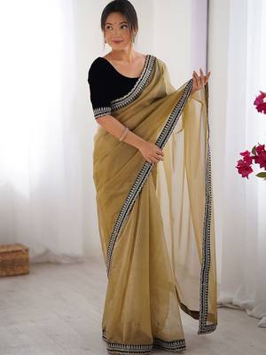 Brown solid embroidered net saree 1