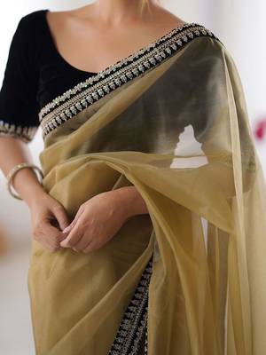 Brown solid embroidered net saree 4