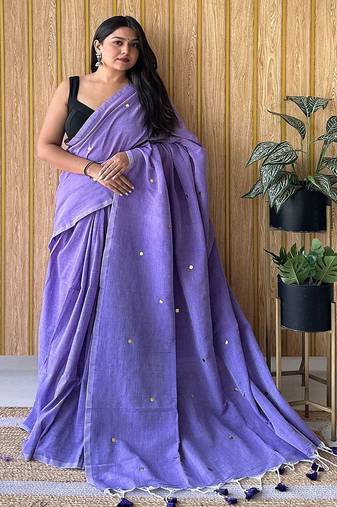Lavender mirror work  cotton saree