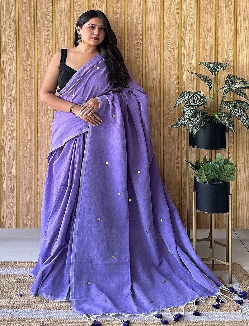 Lavender mirror work  cotton saree