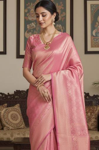 Pink woven design zari silk blend handloom banarasi saree