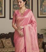 Pink woven design zari silk blend handloom banarasi saree