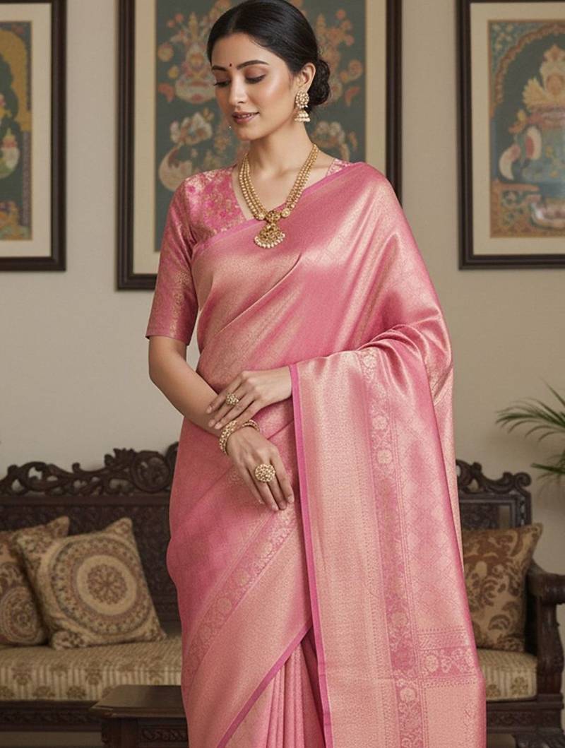 Pink woven design zari silk blend handloom banarasi saree