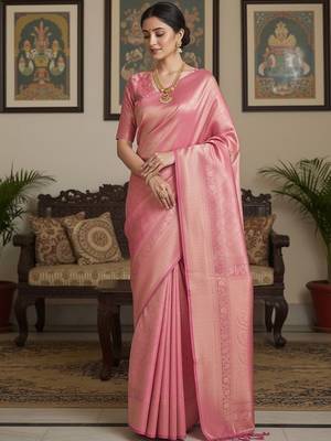 Pink woven design zari silk blend handloom banarasi saree 2