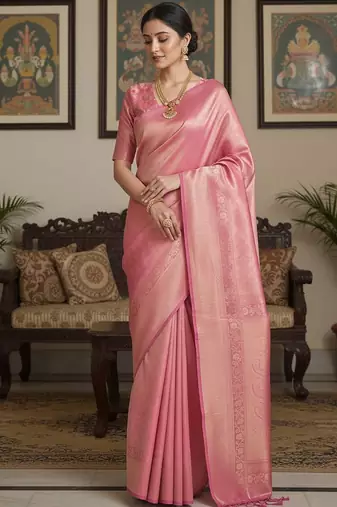 Pink woven design zari silk blend handloom banarasi saree
