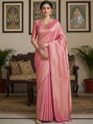 Pink woven design zari silk blend handloom banarasi saree 3