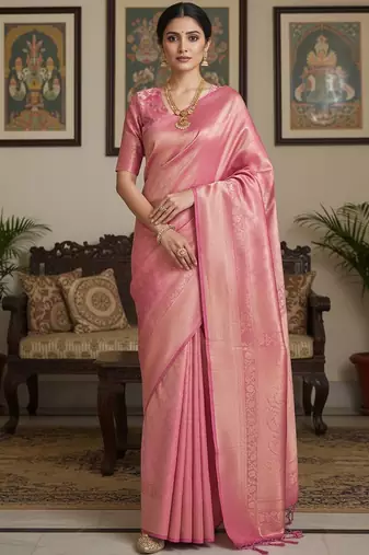 Pink woven design zari silk blend handloom banarasi saree