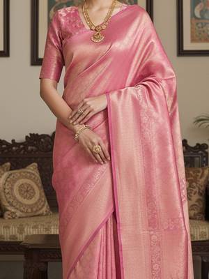 Pink woven design zari silk blend handloom banarasi saree 5