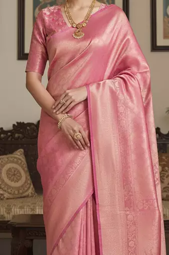 Pink woven design zari silk blend handloom banarasi saree
