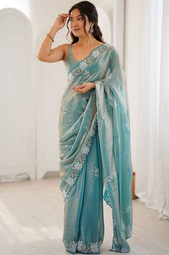 Turquoise floral embroidered satin designer saree