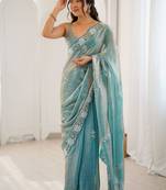 Turquoise floral embroidered satin designer saree