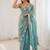 Turquoise floral embroidered satin designer saree