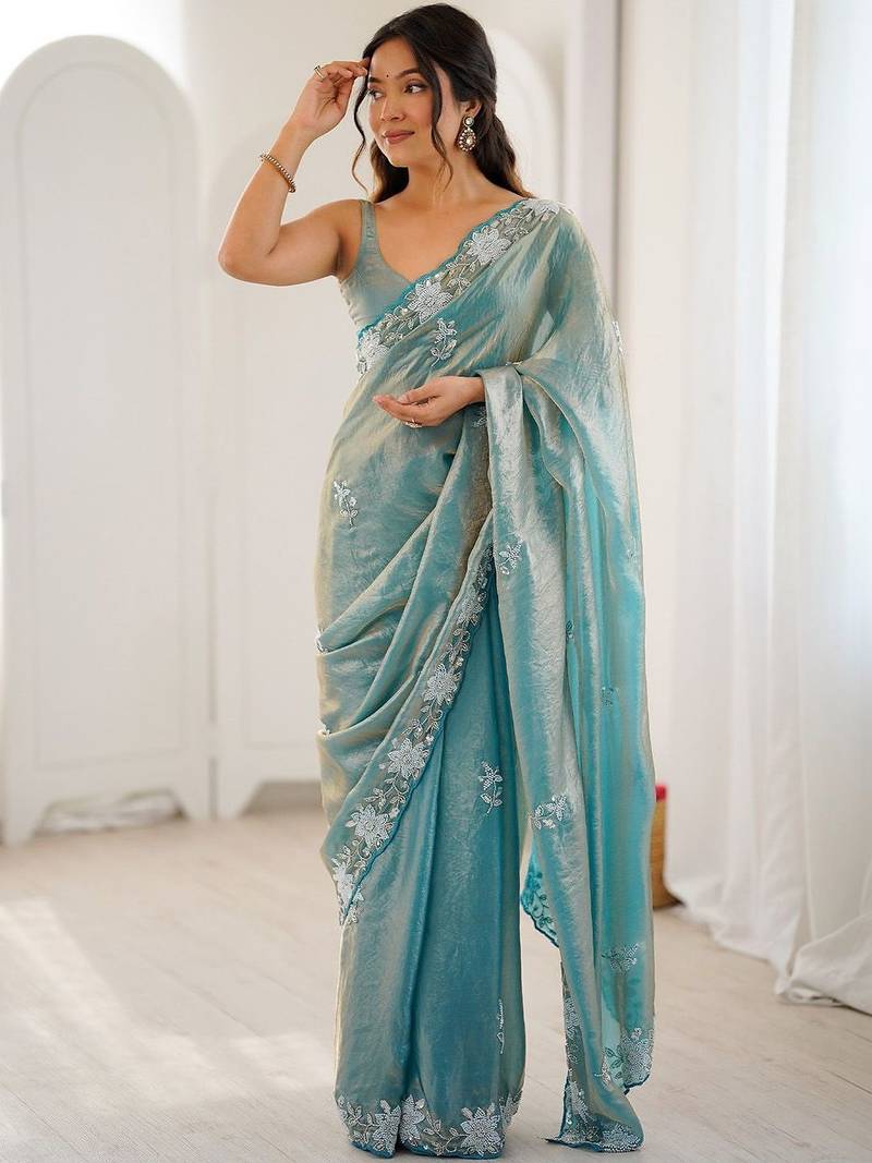 Turquoise floral embroidered satin designer saree