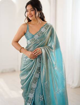 Turquoise floral embroidered satin designer saree 2