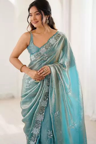 Turquoise floral embroidered satin designer saree