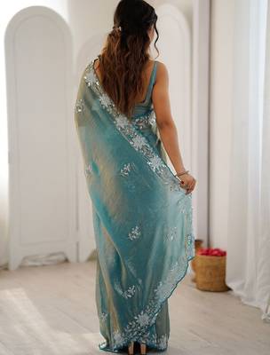 Turquoise floral embroidered satin designer saree 3