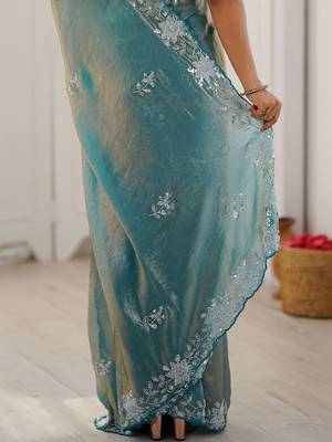 Turquoise floral embroidered satin designer saree 5