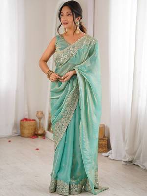 Turquoise embellished sequinned satin designer saree 1