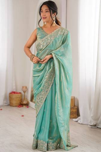 Turquoise embellished sequinned satin designer saree