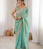 Turquoise embellished sequinned satin designer saree