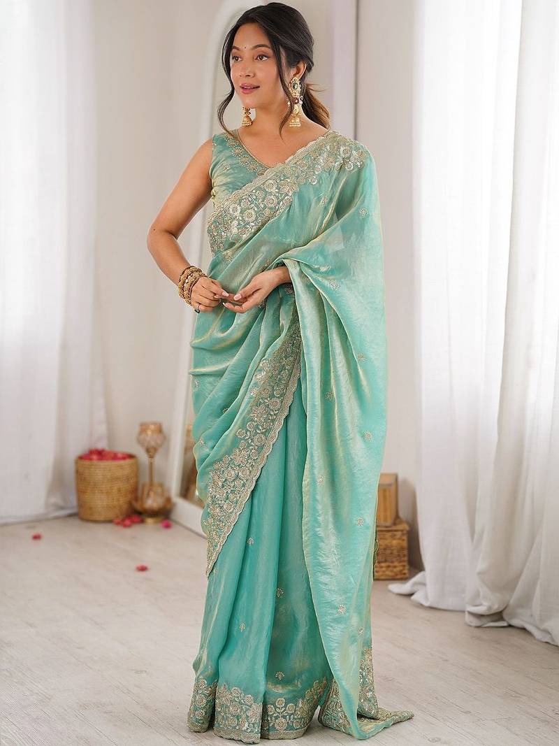 Turquoise embellished sequinned satin designer saree