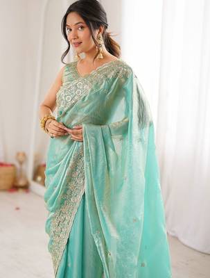 Turquoise embellished sequinned satin designer saree 2