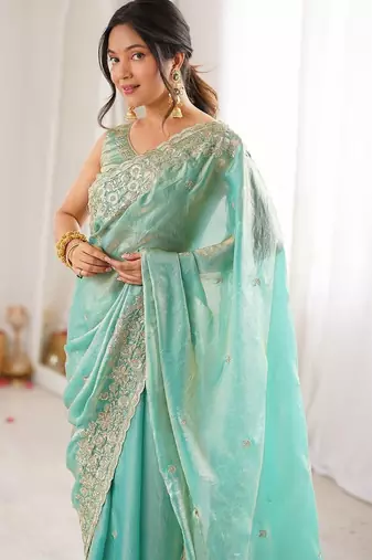 Turquoise embellished sequinned satin designer saree