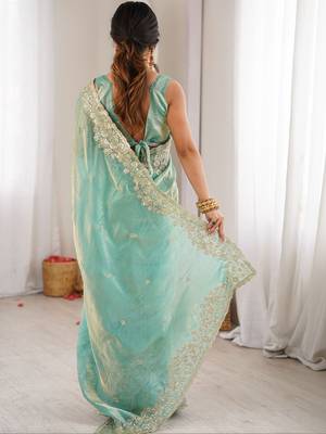 Turquoise embellished sequinned satin designer saree 3